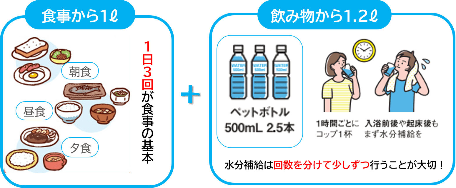 水分補給量の目安(食事から1L、飲み物から1.2L)