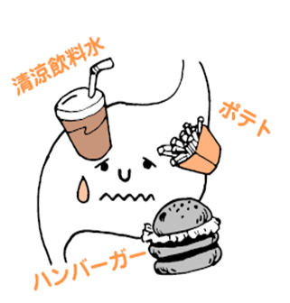 ハンバーガー、ポテトを清涼飲料水で胃に流し込んでいるイメージ画像