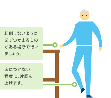 転倒しないように必ずつかまるものがある場所で行いましょう。床につかない程度に、片脚を上げます。