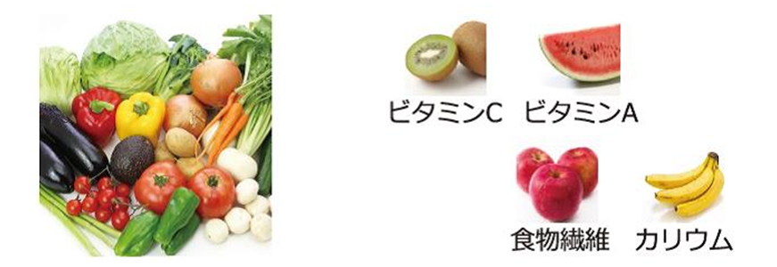 ビタミンCを含むキウイ、ビタミンAを含むスイカ、食物繊維を含むリンゴ、カリウムを含むバナナのイメージ画像